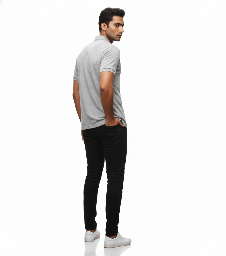 Men's Light Grey Textured Polo Shirt - Subtle Pattern | Breathable Comfort