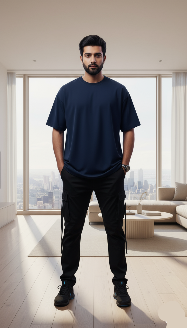 Oversized Navy T-Shirt with "Be Louder with Action. Not Noise." Graphic