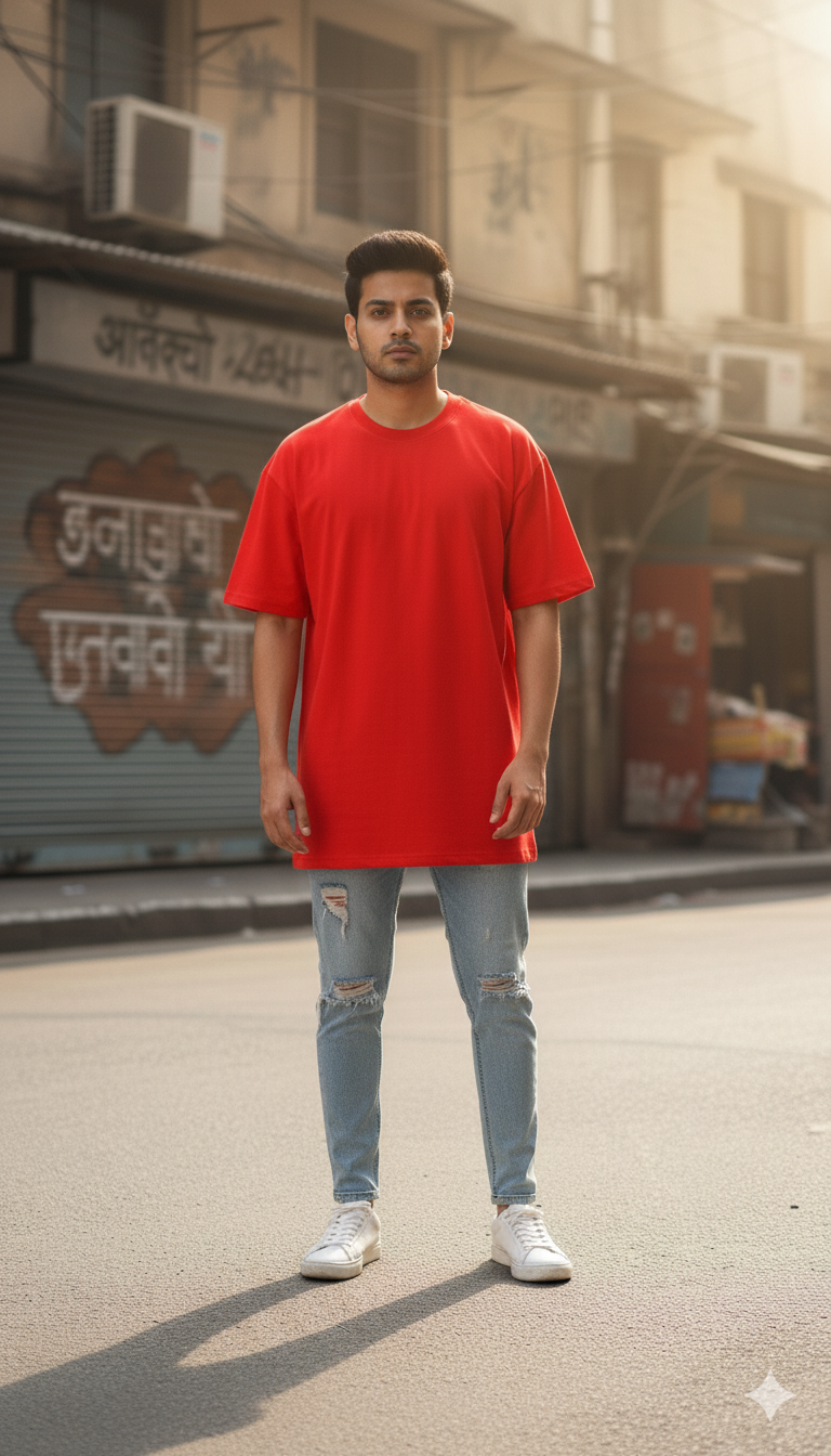 Men's Red Oversized T-Shirt - Monkey Back Print Streetwear